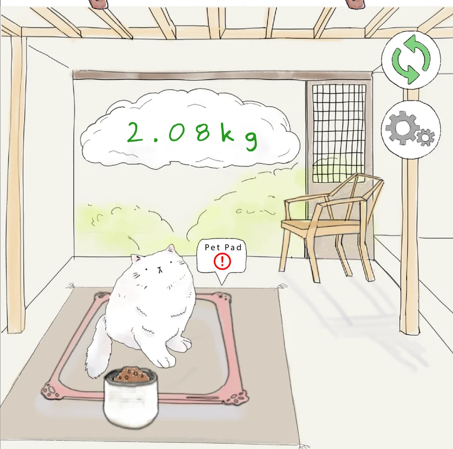 Pet Scale app — a cat on a smart mat showing a 2.08 kg reading